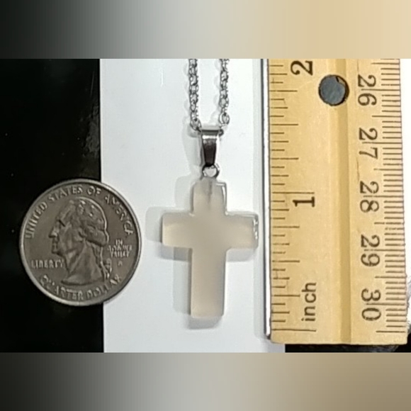 White Agate Cross 23.5" Necklace Natural Gemstone Crystal Pendant StainlessSteel - Picture 11 of 12